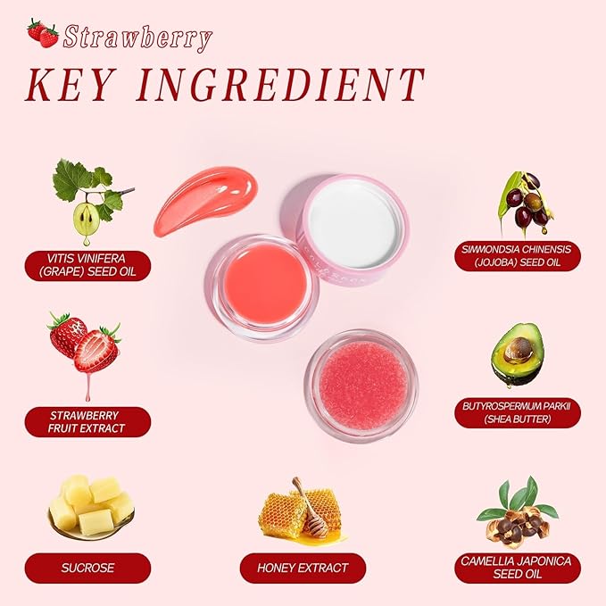 Strawberry Sugar Lip Scrub & Lip Sleeping Mask Set Natural Lip Treatment Duo - 4 IN 1 Gift Set For Exfoliate,Nourish Soothe & Hydrate Dry and Flaky Lips-Natural Overnight Lip Care for Soft,Smooth Lips