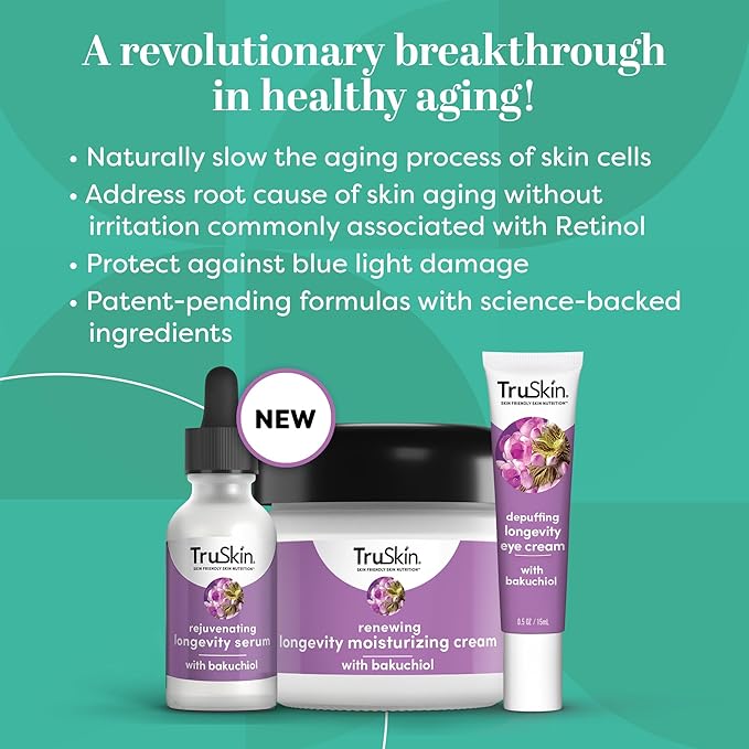 TruSkin Longevity Bakuchiol Serum – Rejuvenating Face Serum with Lingonberry Stem Cells & Snow Algae – Healthy Aging Gentle Retinol Alternative – Improves Appearance of Wrinkles, 1 fl oz