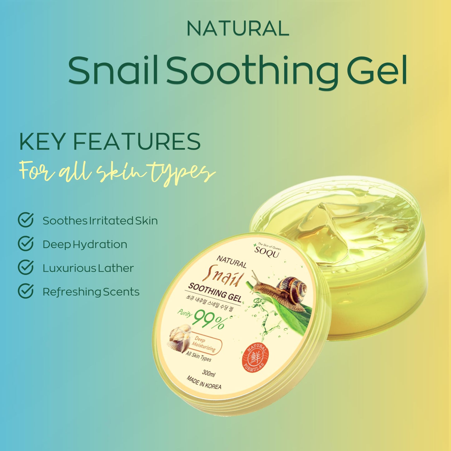 SOQU Natural Snail Soothing Gel – Korean Skincare for Glowing Skin, Hydrating and Soothing Gel for Face and Body, Made in Korea, 300ml / 10.56fl.oz