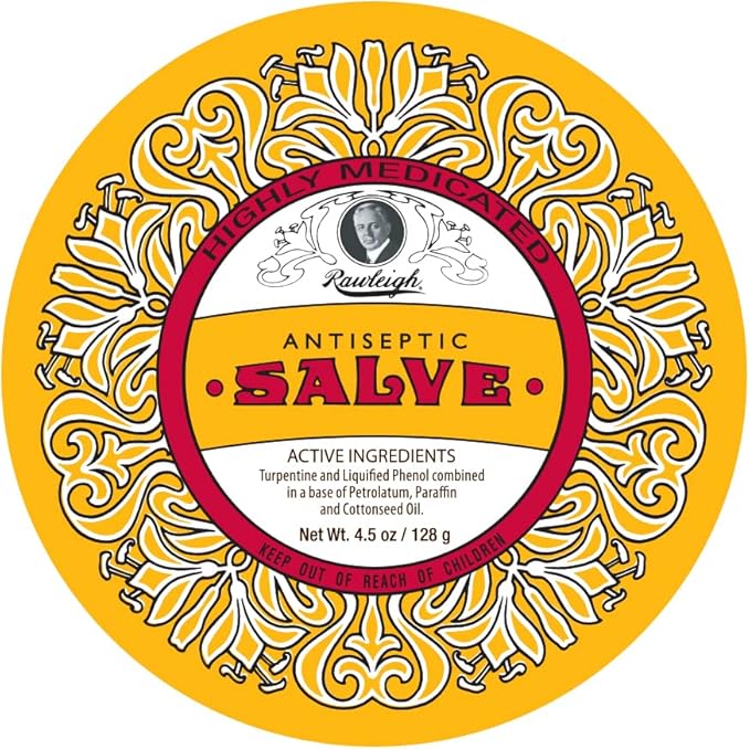 Rawleigh Antiseptic Salve Iconic Yellow Big Tin: 4.5 oz, Natural, Multi-Purpose Ointment Soothes Skin Cuts, Bruises, Irritations, with Turpentine, Phenol, Cottonseed Oil, Original Formula - Pack of 1