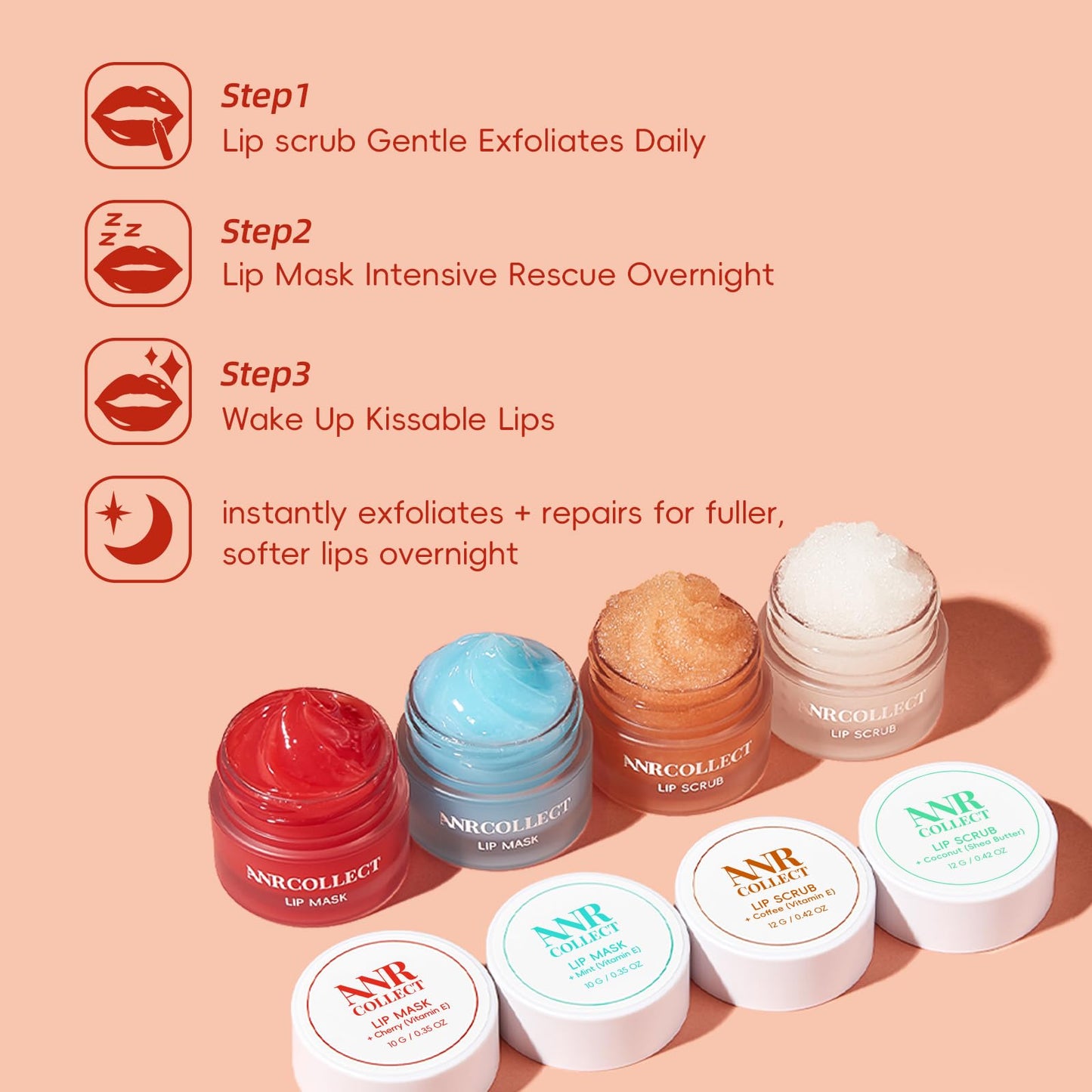 ANRCOLLECT Lip Scrub & Lip Mask - Lip Treatment Care Kit with 2 Lip Exfoliator Scrub & 2 Lip Butter Mask, Intense Hydration Set for Dry Chapped Cracked Lips (4 Pack)