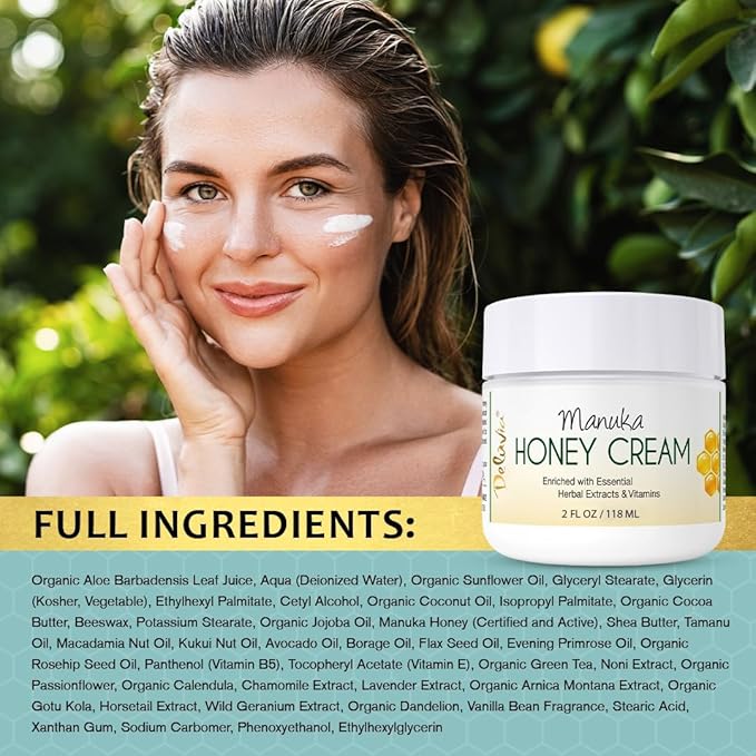Deluvia Manuka Honey Cream | Hydrating & Soothing Moisturizer Face & Body Lotion | for Sensitive Skin, Eczema, Psoriasis & Dermatitis (2 oz Pack of 1)