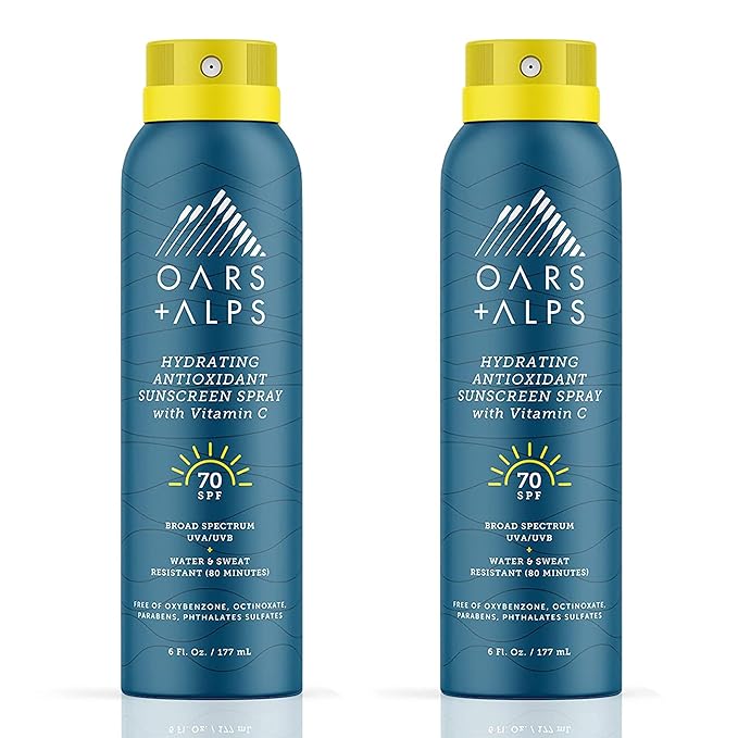 Oars + Alps Hydrating SPF 70 Sunscreen Spray, Infused with Vitamin C and Antioxidants, Water and Sweat Resistant, 6 Oz, 2 Pack