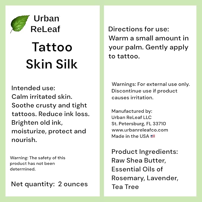 Urban ReLeaf TATTOO SKIN SILK! Calm new ink fast! Brighten old tats! 100% Natural Shea Butter Salve Ointment, Cream Lotion Protect! Vegan. Healing Botanicals! Soothe crusty and tight skin.