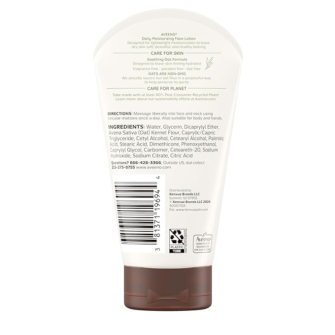 Aveeno Daily Moisturizing Face Lotion with Soothing Prebiotic Oat, Lightweight Non-Greasy Facial Moisturizer for Normal to Dry, Sensitive Skin, 24-Hour Moisture, Fragrance-Free, 5 oz