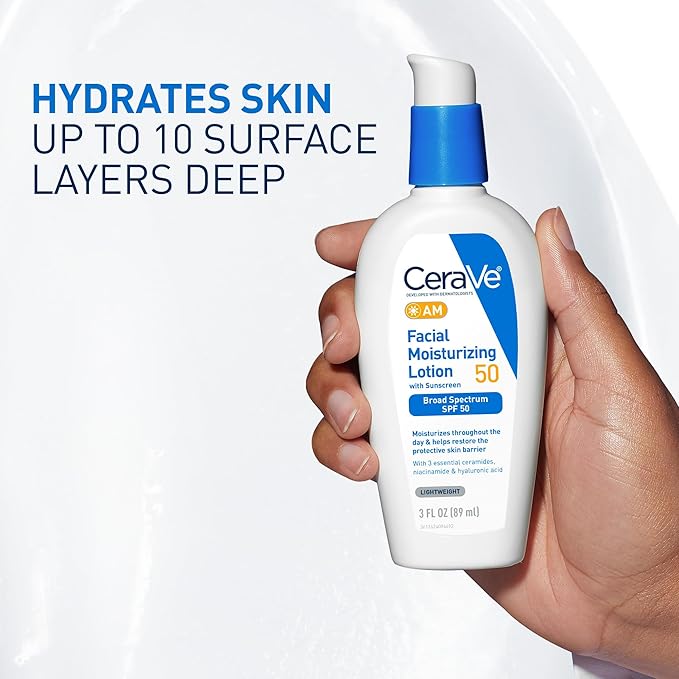 CeraVe AM Facial Moisturizing Lotion SPF 50, Face Moisturizer with SPF, Hyaluronic Acid, Niacinamide & Ceramides, Non-Greasy, Blends Seamlessly With No White Cast, Non Comedogenic Sunscreen, 3 Oz