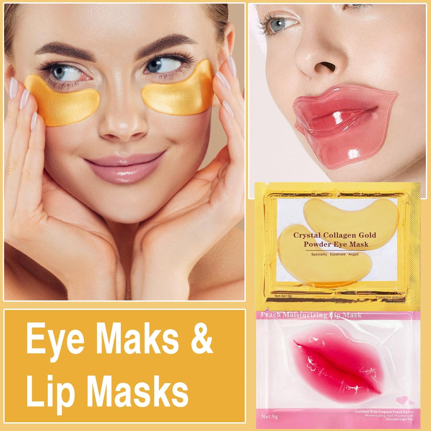 30 Pairs Lip Masks & 24K Gold Eye Masks, Crystal Collagen Under Eye Patches for Puffy Eyes, Wrinkles, Effectively Moisturizing & Reducing Fine Lines & Dark Circle
