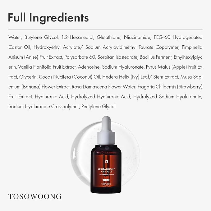 Glutathione Serum with 20,000ppm Glutathione, Niacinamide and hyaluronic acid, Dark Spot, Improve skin elasticity, Revitalize complexion, Korean Skincare, 2.02 fl. oz.