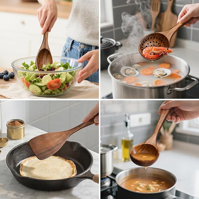 8-Piece Teakwood Utensil Set for Cooking, Natural Wooden Spoons & Spatulas for Non-Stick Cookware, Kitchen Gift Set for Christmas, Housewarming, Wedding