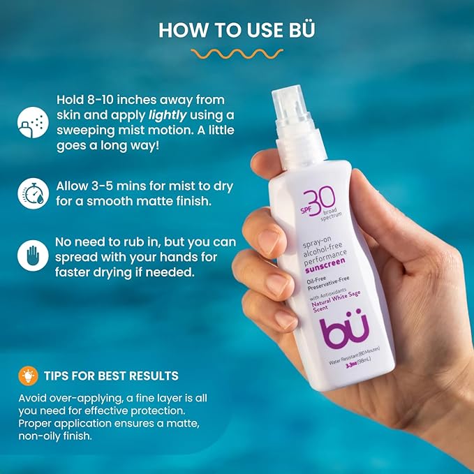 BU SPF 30 Sunscreen Spray for Face and Body, Non Aerosol Spray, Ultrafine WOWmist, TSA Travel Size Sunscreen, Clear, Non Greasy, Water Resistant, White Sage 3.3 oz
