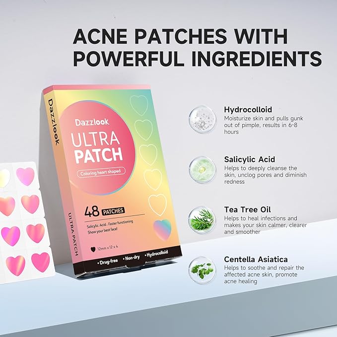 Cute Pink Heart Acne Patch with Salicylic Acid, Hydrocolloid Pimple Stickers Iridescent Colors 48 Pcs, Fashion Zits Blemishes Breakouts Patches