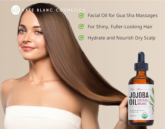 Kate Blanc Cosmetics Jojoba Oil for Hair, Face & Skin. Gua Sha Oil for Face Massage and Dermaplaning (4oz, Organic, 100% Pure, Natural)