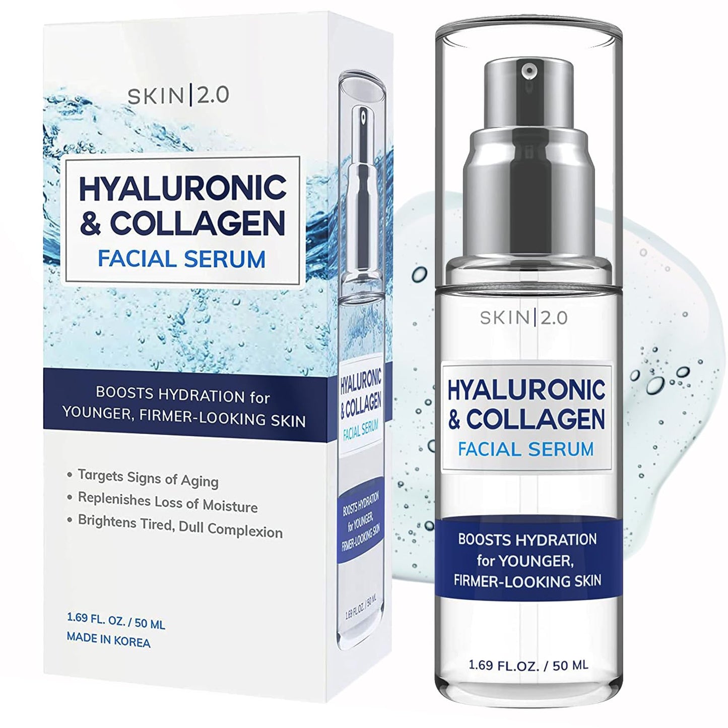 Skin 2.0 Hyaluronic Acid & Collagen Face Serum - Dermatologist Tested, Skin Tightening, Hydrating - Anti-Aging, Clean Beauty, Cruelty-Free Korean Skincare for All Skin Types - 1.69 Fl oz