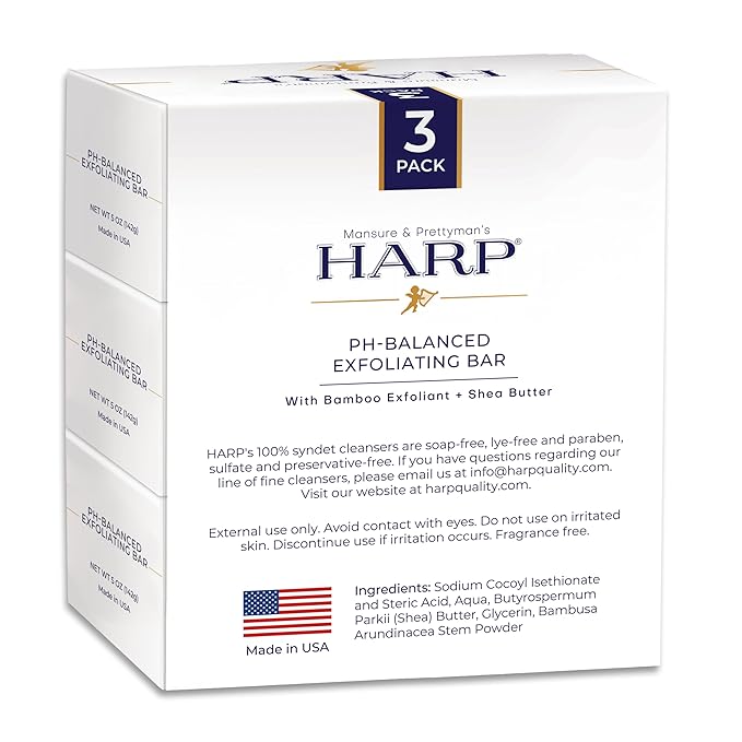 HARP pH balanced Exfoliating body wash bar. 100% Syndet, soap-free. pH 5.0-6.0. Shea-butter moisturizing. Bamboo powder exfoliant-the perfect consistency. FRAGRANCE/fragrance masking agent FREE.