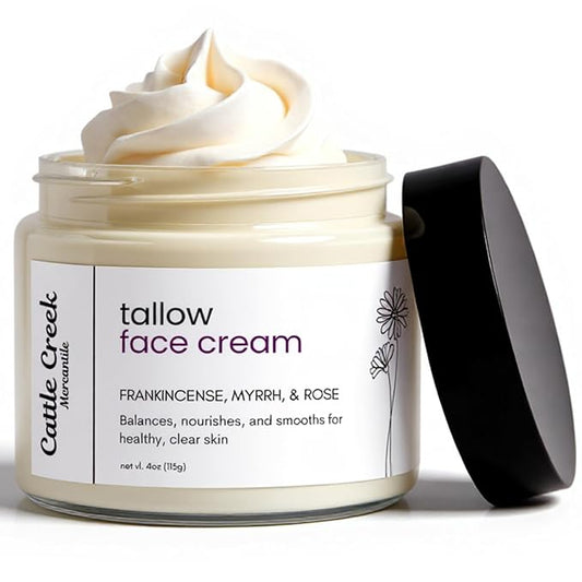 Cattle Creek Tallow Face Moisturizer - Whipped Beef Tallow for Face with Sweet Almond, Myrrh, Frankincense & Rose Oils – Grass-Fed Beef Tallow for Face Care, Hydration & Sensitive Skin (4oz)