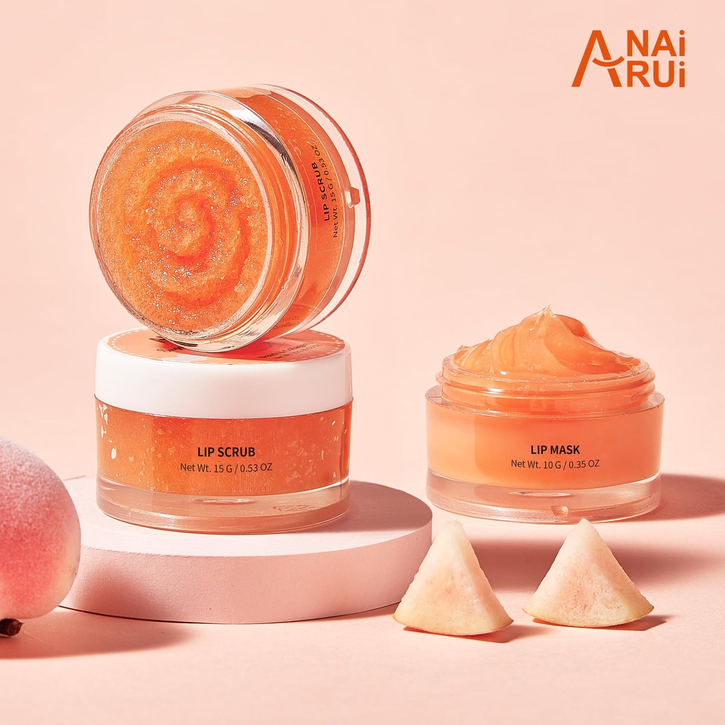ANAI RUI Lip Care Kit - Mask & Scrub Set, Gift for Mother Girls, Overnight Treatment With Sleeping Mask & Sugar Exfoliator, Moisturizer for Dry, Chapped, Dark Lips, Peach