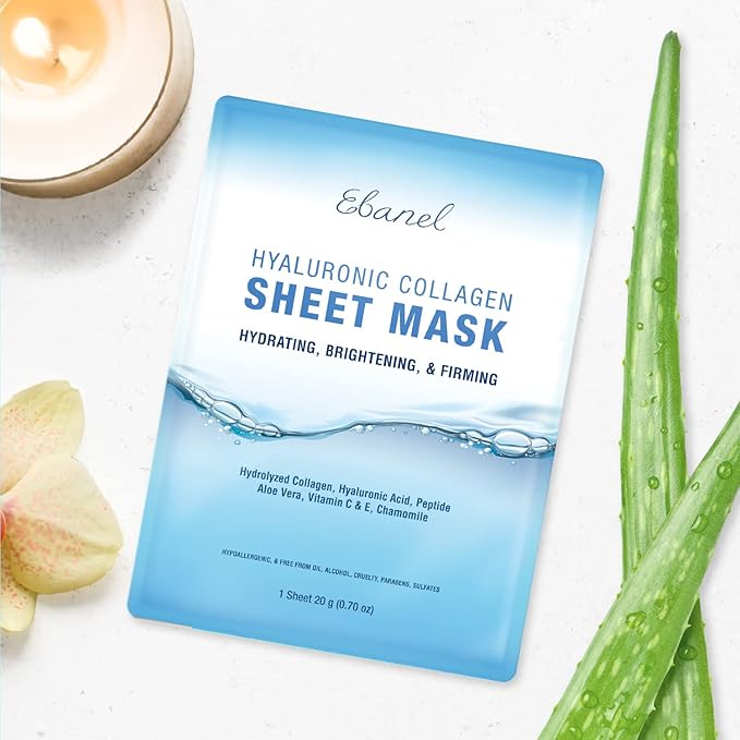 Ebanel 10 Pack Collagen Face Mask with Hyaluronic Acid, Vitamin C, Peptide, Aloe, Instant Brightening Hydrating Face Masks Skincare Korean Sheet Mask, Skin Firming, Lifting Anti Aging Facial Masks