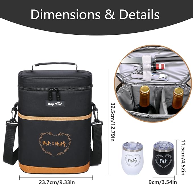 Hap Tim Wedding Gifts for Couples, Bridal Shower Gifts, Engagement Gifts for Newlyweds, Mr and Mrs gifts - Wine Cooler Bag Insulated Wine Carrier Tote with Tumblers, Bamboo Cheese Borad