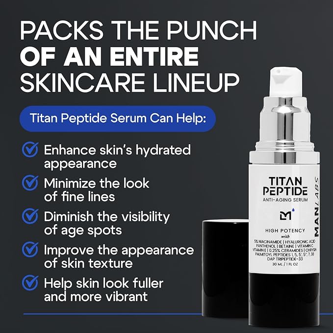 Titan Anti-Aging Peptides Serum for Face - High Potency Mens Peptide Serum Moisturizer - Mens Skin Care - Men, Dark Spots, Wrinkles, Fine Lines - Peptides, 5% Niacinamide, HA - Unscented