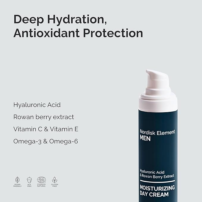Nordisk Element Moisturizing Day Cream for men with Hyaluronic Acid and Rowan Berry Extract, Deep Hydration and Antioxidant Protection, Non-Greasy, Vegan, Paraben-Free, Sulfate-Free, 1.7 Fl Oz