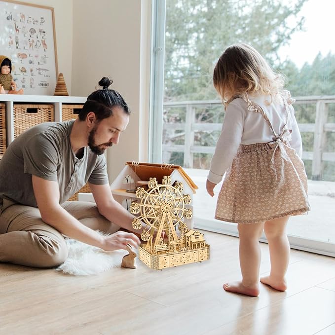 3D Wooden Puzzle Upgraded Ferris Wheels Music Box Model LED Light DIY Crafts Kits Home Decoration Brain Teaser Valentine’s Day Birthday Gift for Adults & Kids (Ferris Wheel LG)