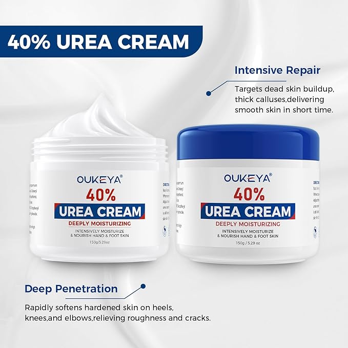 OUKEYA Urea Cream,NEW FORMULA Urea Cream 40 percent for Feet Maximum Strength,Dry Cracked Treatment Lotion for Knees & Elbows,Foot Dead Skin Cuticle Callus Remover Toenail Softener,5.29 oz（2 Packs