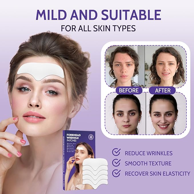 Forehead Wrinkle Patches - 12pcs Smooth Fine Lines & Wrinkles, Anti-Wrinkle Patches with Aloe,Vitamin E, Anti Wrinkle Patches, Forehead Wrinkles Treatment with Hydrolyzed Collagen