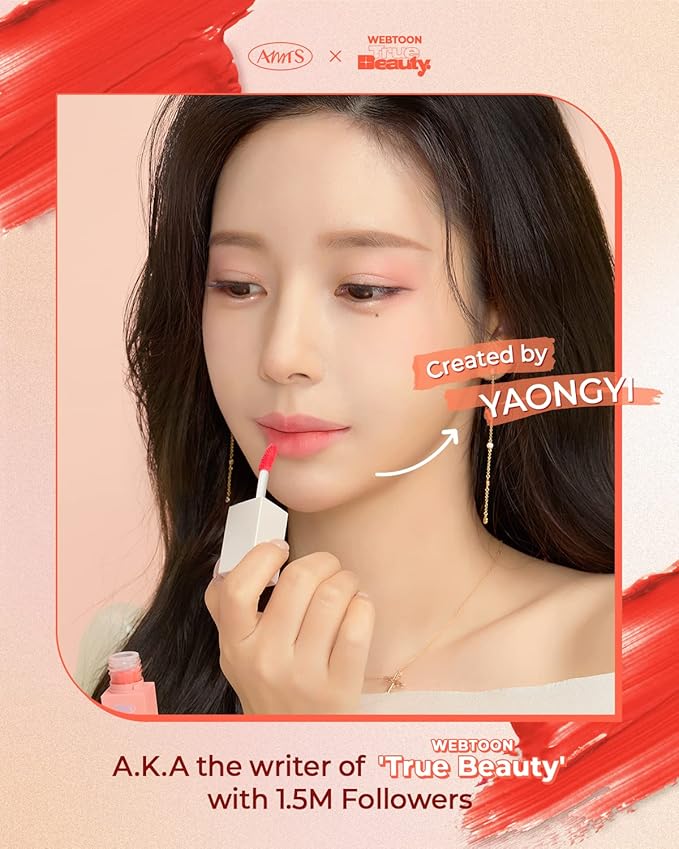 AMTS Webtoon True Beauty - 02 Some Sweet | Coral Lip Tint Stain | High Pigment Liquid Shine Non-Sticky Long-Wearing Long-Lasting | Korean Webtoon True Beauty Cute Coral Makeup