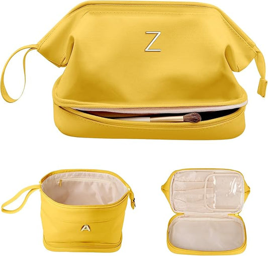 Gift Ideas for Mom, Initial Makeup Bag, Travel Gifts, Personalized Bags, Waterproof Double Layer Cosmetic Bag, Large Capacity PU Leather Makeup Bags Letter Travel Toiletry Bag, Friend Gifts