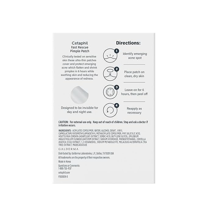 Cetaphil Acne Patches, Pimple Patches for Sensitive Skin, Formulated with Salicylic Acid, CICA, and Heartleaf Extract for Emerging Pimples, Visible Results in 6 Hours, 24 Count