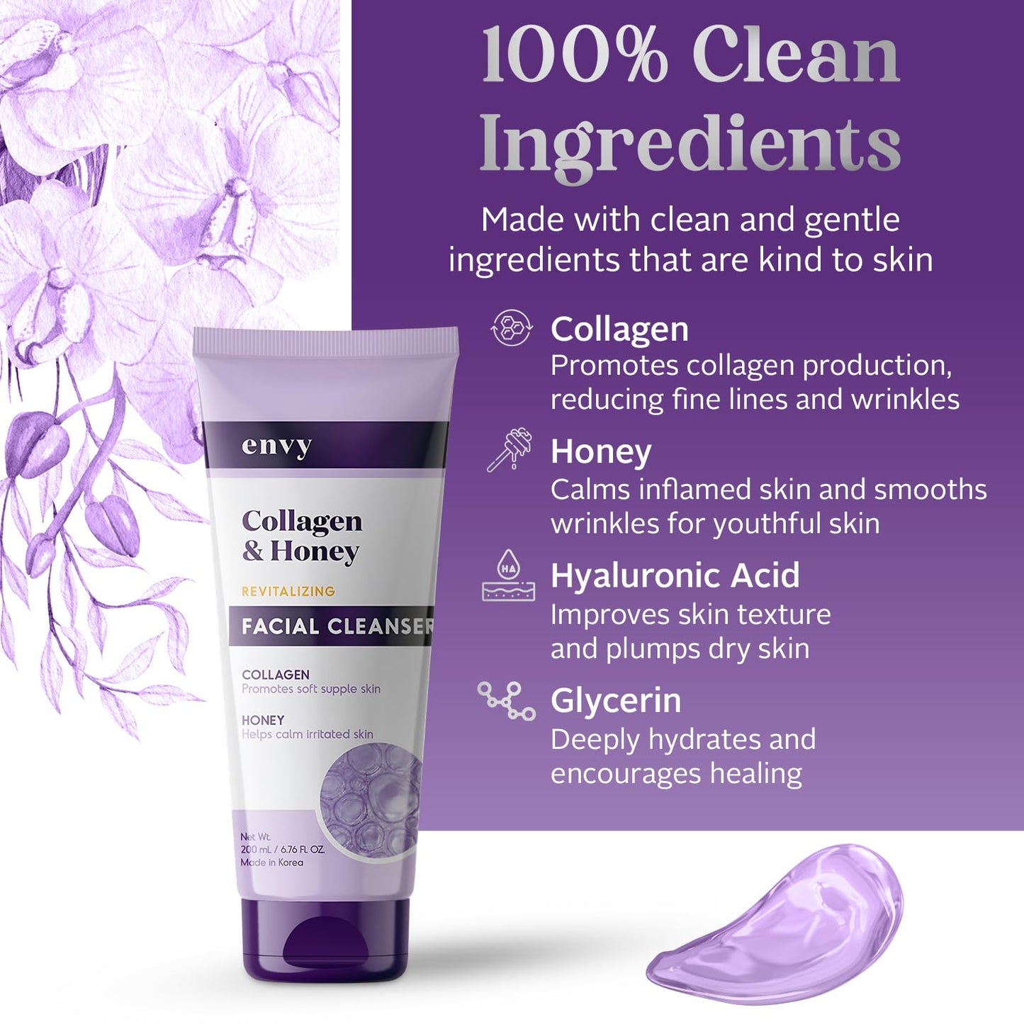 Envy Facial Cleanser with Collagen & Honey - Reduces Fine Lines, Wrinkles & Hydrates Skin - Clean, Cruelty-Free Korean Skin Care for All Skin Types - Dermatologist Tested - 6.76 oz