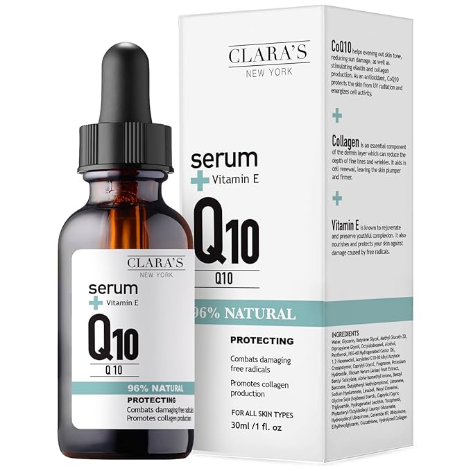 Clara’s New York Q10 Antioxidant Facial Serum with Hydrolyzed Collagen, Ceramide NP & Vitamin E – Anti-Aging, Hydrating, Skin Barrier Repair – 30ml / 1 Fl Oz – Made in USA