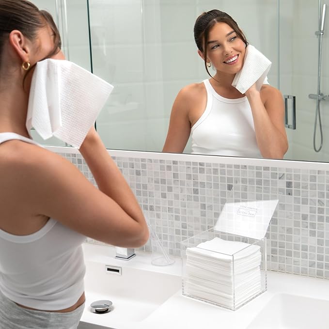 CLEAN SKIN CLUB Clear Acrylic Box for Clean Towels XL (NOT Included), Container For 50 Disposable Clean Towels XL, Face Towelettes Bathroom Counter Storage, Bin for Cleansing Facial Dry Wipes