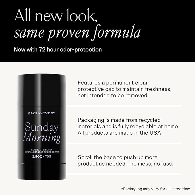 Each & Every Aluminum Free Deodorant for Women & Men - All Natural Deodorant for Sensitive Skin, EWG Verified - Clean, Baking Soda-Free, Plant-Based Fragrance, Lavender & Lemon, 2.5oz