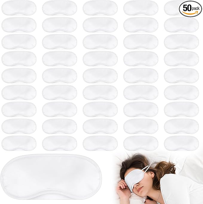 Aneco 50 Pieces Blindfold Sleep Mask Bulk Eye Mask Shade Cover with Nose Pad and Adjustable Strap for Travel Sleep Game Party Supplies, White