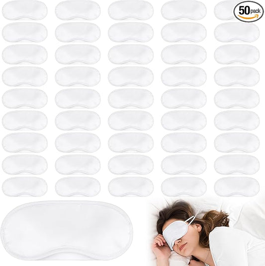 Aneco 50 Pieces Blindfold Sleep Mask Bulk Eye Mask Shade Cover with Nose Pad and Adjustable Strap for Travel Sleep Game Party Supplies, White