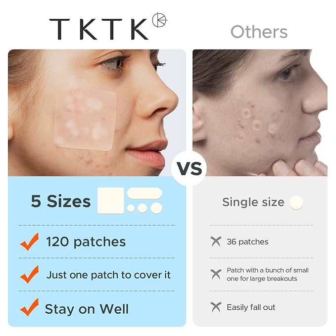 TKTK Hydrocolloid Bandages, 45 x 45 mm Large Pimple Patches for Face, XL Acne Patches for Body, Back, Forehead, Cheek Zit Breakouts, Big Hydrocolloid Patch (Square, Strip, Dot 5 Sizes 120 Count)