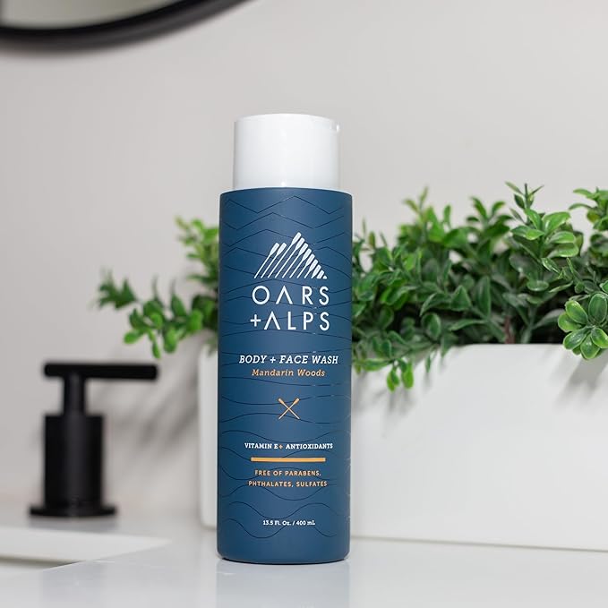 Oars + Alps Mens Moisturizing Body and Face Wash, Skin Care Infused with Vitamin E and Antioxidants, Sulfate Free, Mandarin Woods, 13.5oz, 2 Pack