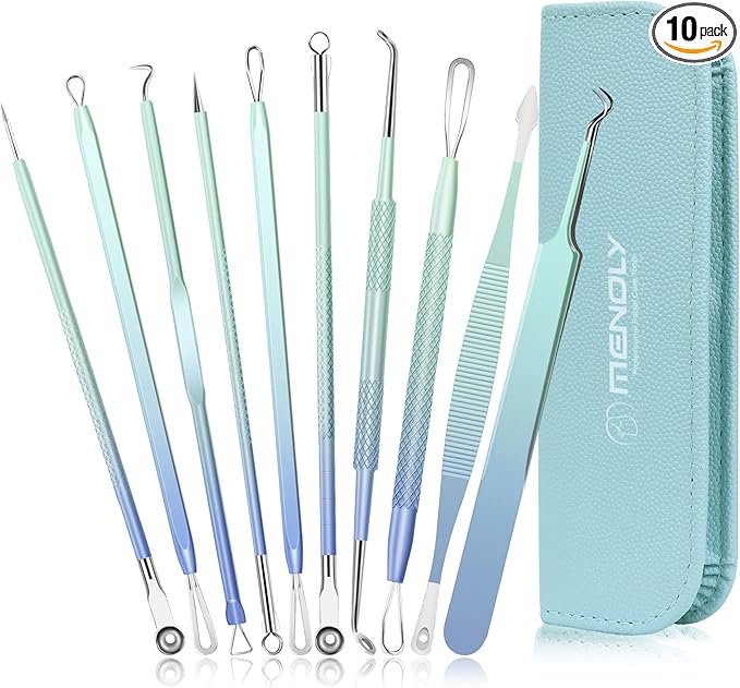 Blackhead Remover Tools MENOLY 10Pcs Pimple Popper Tool Kit, Blackhead Remover Extractor Tools, Acne Kit for Blackhead,Blemish,Zit Whitehead and Comedone Extractor Tool with Leather Bag