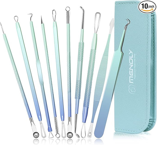 Blackhead Remover Tools MENOLY 10Pcs Pimple Popper Tool Kit, Blackhead Remover Extractor Tools, Acne Kit for Blackhead,Blemish,Zit Whitehead and Comedone Extractor Tool with Leather Bag