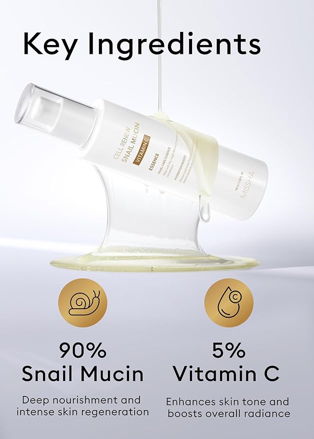 MISSHA Cell Renew Snail Mucin Vitamin C Essence Serum 3.38 Fl oz - Hydrating Korean Skincare for Glass Skin, Snail Mucin Serum for Improved Skin Texture & Complexion