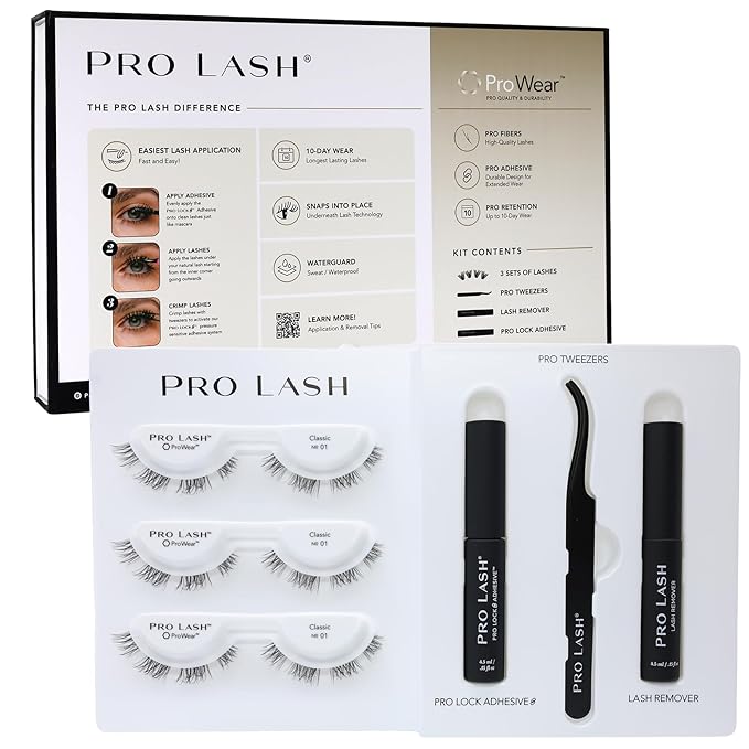 Pro Lash ProWear Starter Lash Clusters Kit - Easiest to Apply Lashes - 10-Day Cluster Eyelash Extensions - 3 Sets of False Eyelashes Plus Adhesive, Remover, Tweezers - Classic No. 01 - Black