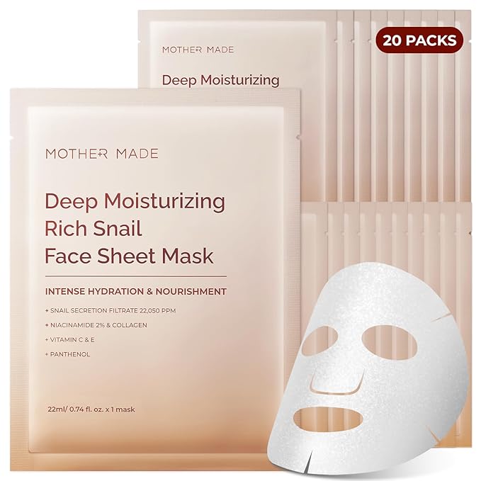 MOTHER MADE Glowing Glass Skin Hydrating Snail Deep Collagen Face Masks Set of 20 EA, with Niacinamide 2%, Vitamin E, Facial Mask for Dry, Sensitive Skin, Self Care, Korean Skincare