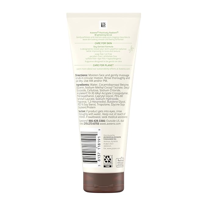 Aveeno Positively Radiant Brightening Face Scrub & Exfoliating Daily Face Wash, Moisture-Rich Soy Extract, Oil-Free, Soap-Free, Hypoallergenic, Non-Comedogenic, Improves Tone & Texture, 7 oz