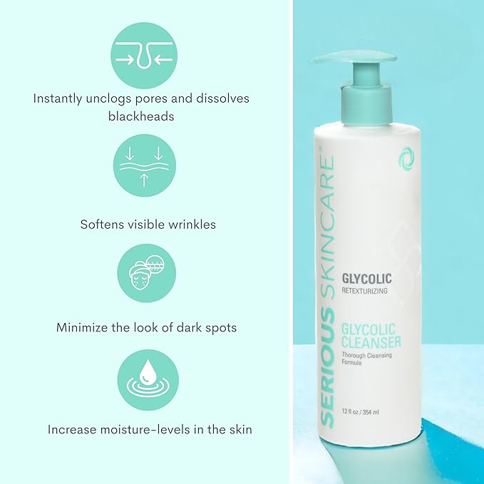 Serious Skincare Glycolic Cleanser - Skin Exfoliating Face Wash - 10% Glycolic Acid - Deep Pore Purifying - Removes Makeup, Oil, Blackheads and Impurities - Shave Prep - Anti-Aging 12 Fl. Oz.