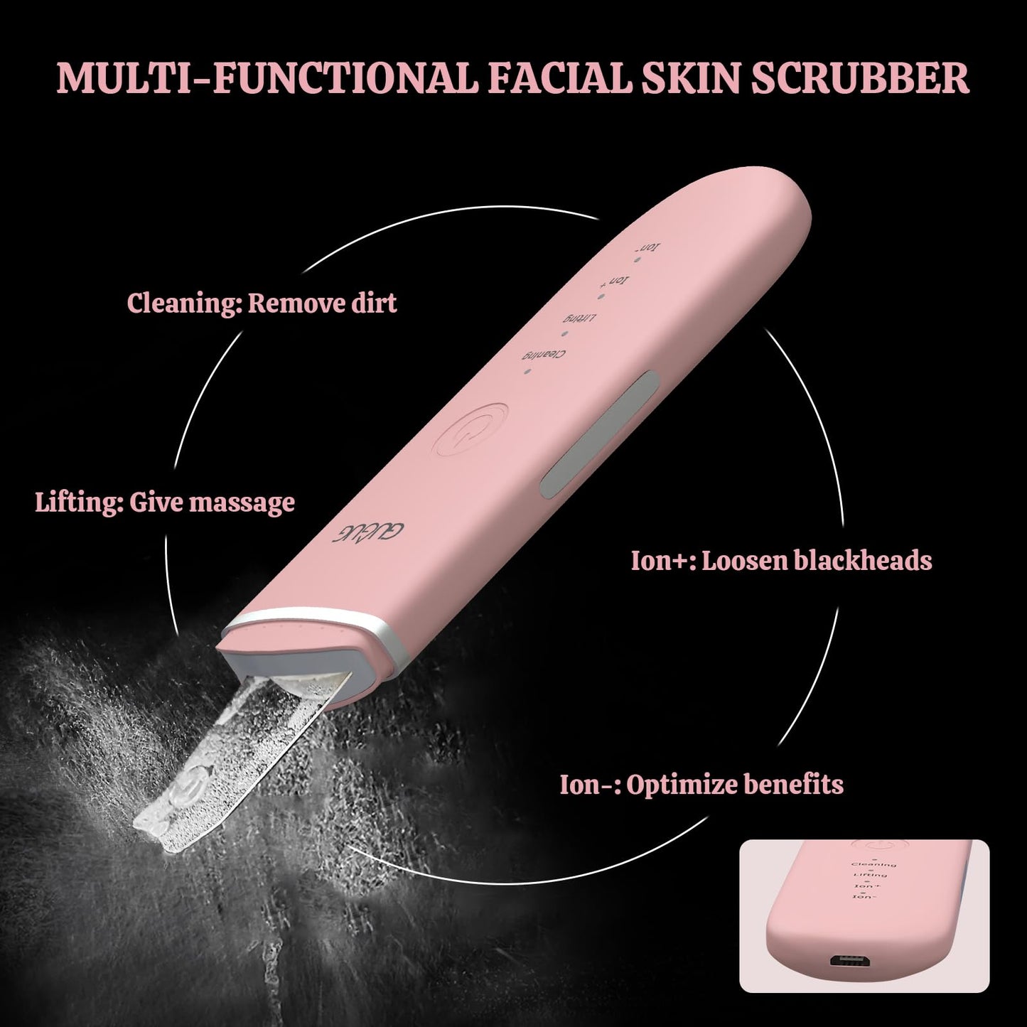GUGUG Skin Scrubber Face Spatula & Pore Cleaner Blackhead Remover with 4 Modes, Deep Cleansing Facial Tools (Pink, 2-Pack)