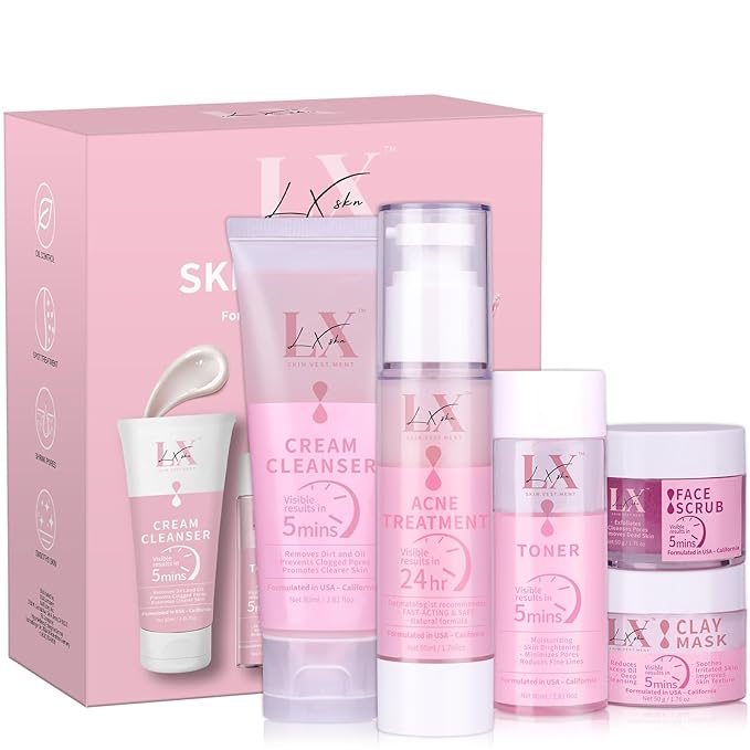 5 Step Skincare Kit with Cleanser, Face Scrub, Clay Mask,Toner & Acne Serum for Teens and Adults