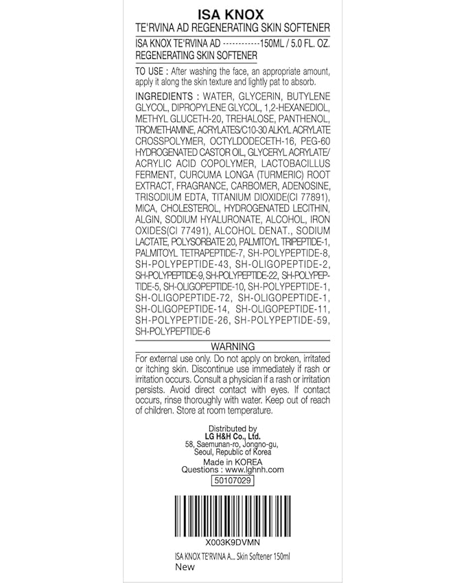 ISA KNOX TE'RVINA AD Regenerating Skin Softener (5.1fl oz) - Hydrating, Nourishing & Firming Toner for Youthful and Radiant Skin by LG Beauty. Placenta, Rose Absolute.