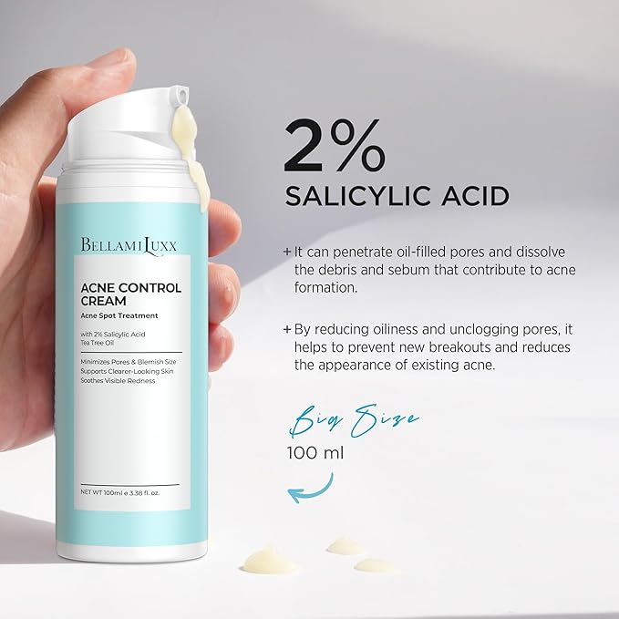 Acne Treatment for Face: Cystic Acne Spot Control Cream with Salicylic Acid & Tea Tree Oil for Blemishes - Gentle Hormonal & Pimple Treatment for Teens & Adults - 120 Day Supply & 3.38oz