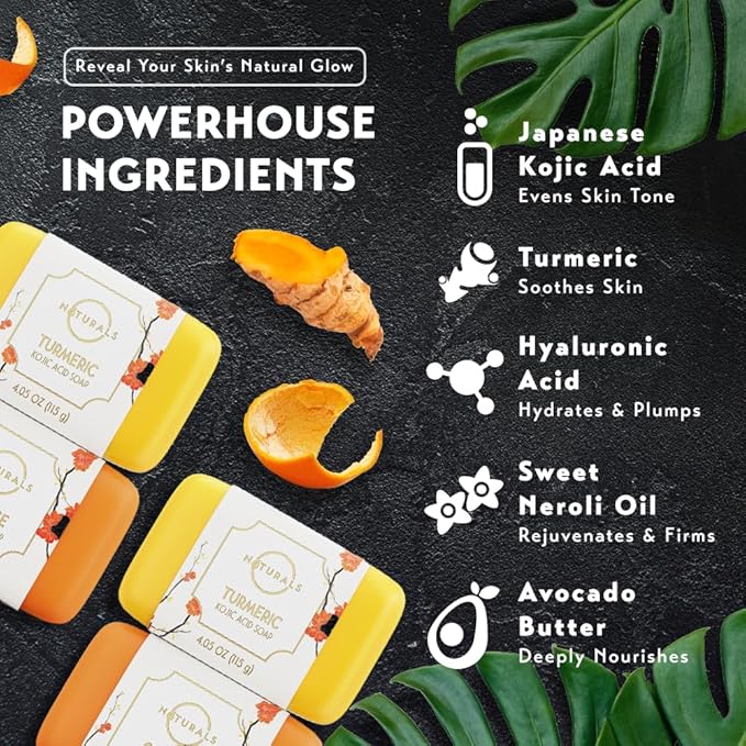 O NATURALS 100% Natural Bar Kojic Acid Soap - Gift Set - Organic Ingredients & Essential Oils - Spa Gifts for Women & Men, Body Wash - 4PC Turmeric